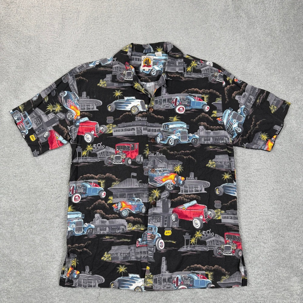 Vintage‎ Max Boxxer Mens Hot Rod Diner Print Button Down Shirt Black Rayon Large